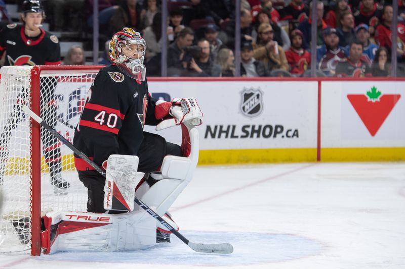 Jan 16, 2024; Ottawa, Ontario, CAN; Ottawa Senators goalie Mads Sogaard (40) loses his stick in the second period against the Colorado Avalanche at the Canadian Tire Centre. Mandatory Credit: Marc DesRosiers-USA TODAY Sports