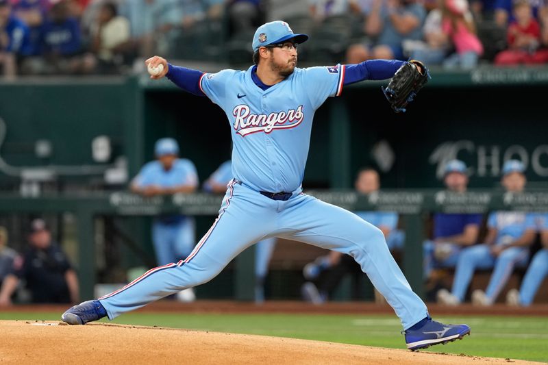 Apr 28, 2024; Arlington, Texas, USA; (Editors Notes: Caption Correction) Texas Rangers starting pitcher Dane Dunning (33) delivers a pitch to the Cincinnati Reds during the first inning at Globe Life Field. Mandatory Credit: Jim Cowsert-USA TODAY Sports