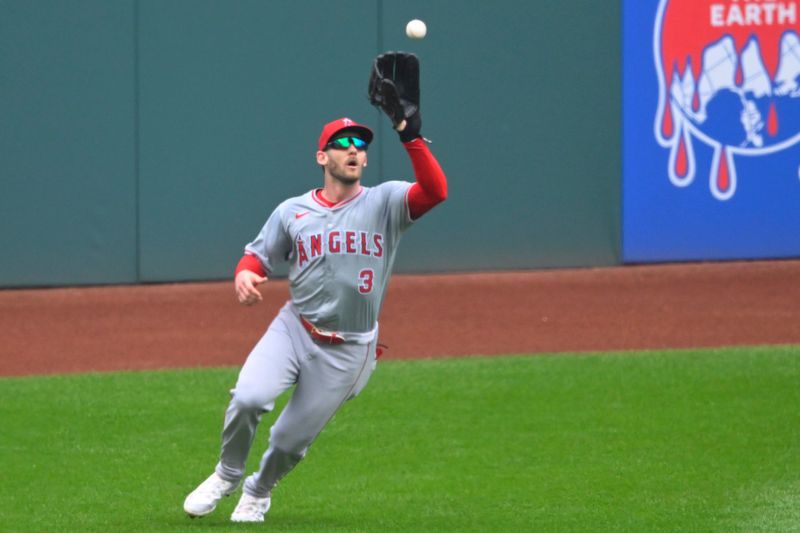 May 5, 2024; Cleveland, Ohio, USA; Los Angeles Angels left fielder Taylor Ward (3) makes a catch in the first inning against the Cleveland Guardians at Progressive Field. Mandatory Credit: David Richard-USA TODAY Sports