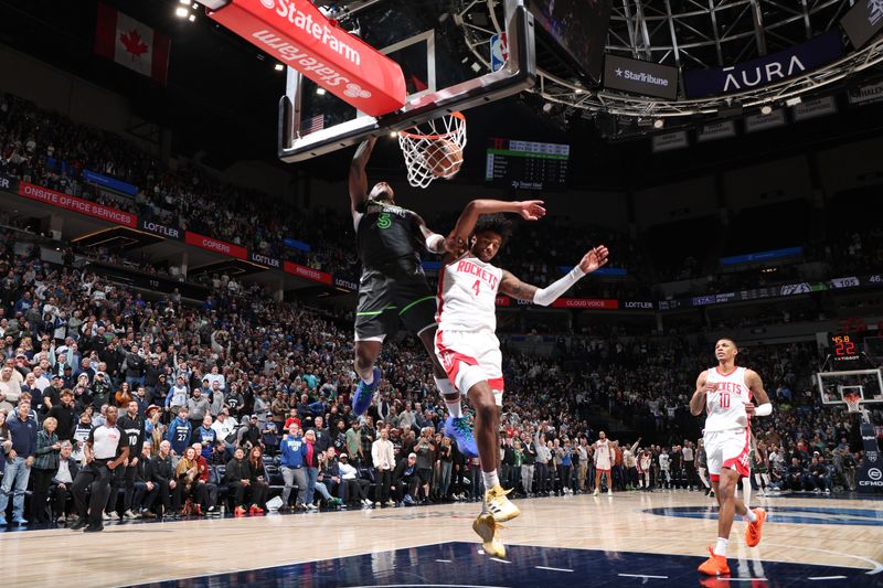 MINNEAPOLIS, MN -  APRIL 2: Anthony Edwards #5 of the Minnesota Timberwolves dunks the ball during the game against the Houston Rockets  on April 2, 2024 at Target Center in Minneapolis, Minnesota. NOTE TO USER: User expressly acknowledges and agrees that, by downloading and or using this Photograph, user is consenting to the terms and conditions of the Getty Images License Agreement. Mandatory Copyright Notice: Copyright 2024 NBAE (Photo by David Sherman/NBAE via Getty Images)