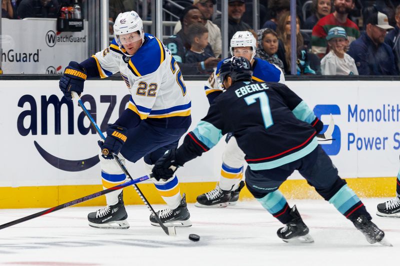 Oct 8, 2024; Seattle, Washington, USA; St. Louis Blues defenseman Ryan Suter (22) moves the puck as Seattle Kraken right wing Jordan Eberle (7) defends during the first period at Climate Pledge Arena. Mandatory Credit: Caean Couto-Imagn Images