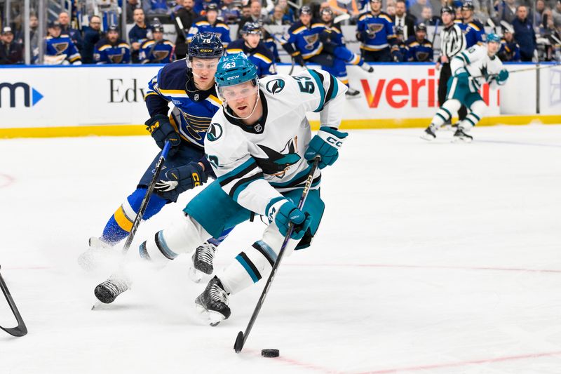 Nov 21, 2024; St. Louis, Missouri, USA;  San Jose Sharks center Ty Dellandrea (53) controls the puck against the St. Louis Blues during the first period at Enterprise Center. Mandatory Credit: Jeff Curry-Imagn Images