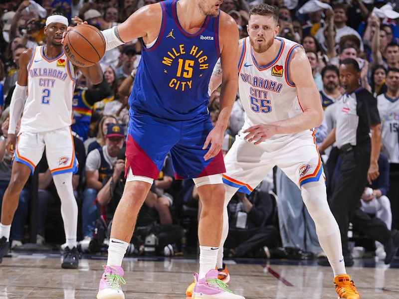 DENVER, CO - MAY 9: Nikola Jokic #15 of the Denver Nuggets dribbles the ball during Round Two, Game Three of the 2025 NBA Playoffs against the Oklahoma City Thunder on May 9, 2025 at Ball Arena in Denver, Colorado. NOTE TO USER: User expressly acknowledges and agrees that, by downloading and/or using this Photograph, user is consenting to the terms and conditions of the Getty Images License Agreement. Mandatory Copyright Notice: Copyright 2025 NBAE (Photo by Bart Young/NBAE via Getty Images)
