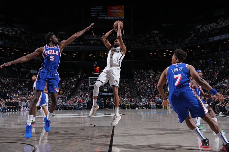 BROOKLYN, NY - MARCH 5: Mikal Bridges #1 of the Brooklyn Nets shoots the ball during the game against the Philadelphia 76ers on March 5, 2024 at Barclays Center in Brooklyn, New York. NOTE TO USER: User expressly acknowledges and agrees that, by downloading and or using this Photograph, user is consenting to the terms and conditions of the Getty Images License Agreement. Mandatory Copyright Notice: Copyright 2024 NBAE (Photo by Jesse D. Garrabrant/NBAE via Getty Images)