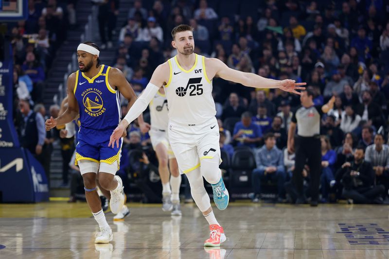 SAN FRANCISCO, CALIFORNIA - JANUARY 28: Micah Potter #25 of the Utah Jazz reacts after a three-point basket in the first quarter against the Golden State Warriors at Chase Center on January 28, 2025 in San Francisco, California. NOTE TO USER: User expressly acknowledges and agrees that, by downloading and or using this photograph, User is consenting to the terms and conditions of the Getty Images License Agreement. (Photo by Lachlan Cunningham/Getty Images)