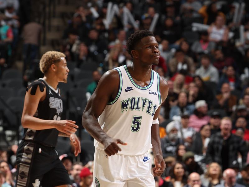 SAN ANTONIO, TX - JANUARY 27: Anthony Edwards #5 of the Minnesota Timberwolves smiles during the game against the San Antonio Spurs on January 27, 2024 at the Frost Bank Center in San Antonio, Texas. NOTE TO USER: User expressly acknowledges and agrees that, by downloading and or using this photograph, user is consenting to the terms and conditions of the Getty Images License Agreement. Mandatory Copyright Notice: Copyright 2024 NBAE (Photos by David Sherman/NBAE via Getty Images)