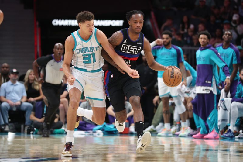 CHARLOTTE, NC - NOVEMBER 06:  Jalen Duren #0 of the Detroit Pistons dribbles the ball during the game against the Charlotte Hornets on November 06, 2024 at Spectrum Center in Charlotte, North Carolina. NOTE TO USER: User expressly acknowledges and agrees that, by downloading and or using this photograph, User is consenting to the terms and conditions of the Getty Images License Agreement. Mandatory Copyright Notice: Copyright 2024 NBAE (Photo by Brock Williams-Smith/NBAE via Getty Images)