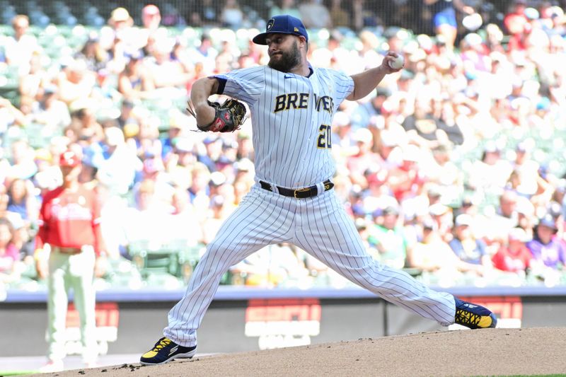 Sep 3, 2023; Milwaukee, Wisconsin, USA; Milwaukee Brewers pitcher Wade Miley (20) pitches against the Philadelphia Phillies in the first inning at American Family Field. Mandatory Credit: Benny Sieu-USA TODAY Sports