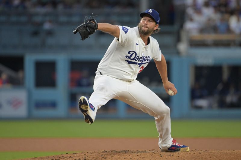 Aug 6, 2024; Los Angeles, California, USA;  Los Angeles Dodgers starting pitcher Clayton Kershaw (22) delivers to the plate in the third inning against the Philadelphia Phillies at Dodger Stadium. Mandatory Credit: Jayne Kamin-Oncea-USA TODAY Sports