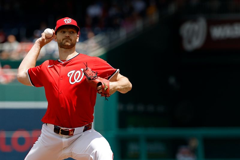 May 25, 2025; Washington, District of Columbia, USA; Washington Nationals starting pitcher Michael Soroka (34) pitches against the San Francisco Giants during the first inning at Nationals Park. Mandatory Credit: Geoff Burke-Imagn Images