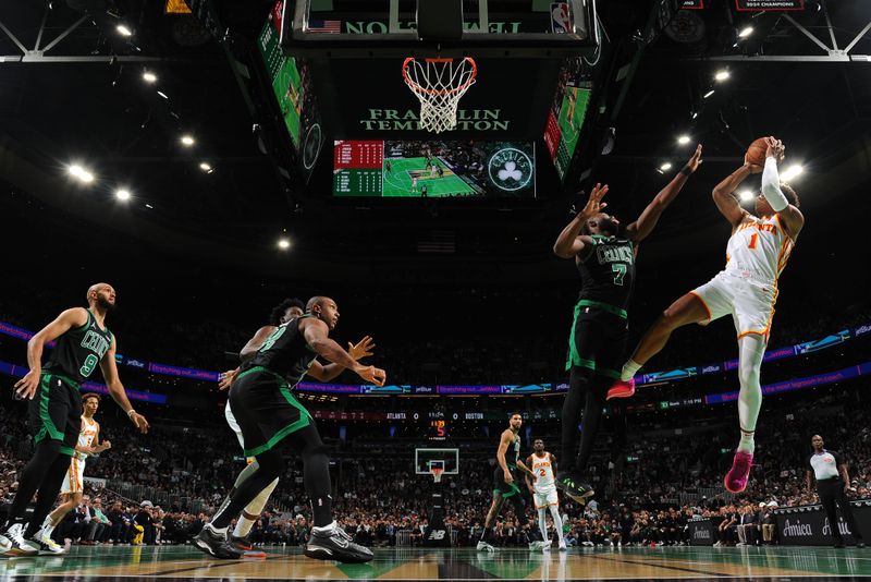 BOSTON, MA - NOVEMBER 12: Jalen Johnson #1 of the Atlanta Hawks shoots the ball during the game against the Boston Celtics during the Emirates NBA Cup game on November 12, 2024 at TD Garden in Boston, Massachusetts. NOTE TO USER: User expressly acknowledges and agrees that, by downloading and/or using this Photograph, user is consenting to the terms and conditions of the Getty Images License Agreement. Mandatory Copyright Notice: Copyright 2024 NBAE (Photo by Brian Babineau/NBAE via Getty Images)