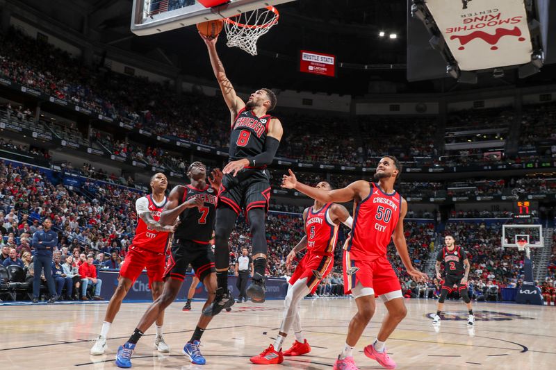 NEW ORLEANS, LA - OCTOBER 23: Zach LaVine #8 of the Chicago Bulls shoots the ball during the game on October 23, 2024 at the Smoothie King Center in New Orleans, Louisiana. NOTE TO USER: User expressly acknowledges and agrees that, by downloading and or using this Photograph, user is consenting to the terms and conditions of the Getty Images License Agreement. Mandatory Copyright Notice: Copyright 2024 NBAE (Photo by Layne Murdoch Jr./NBAE via Getty Images)