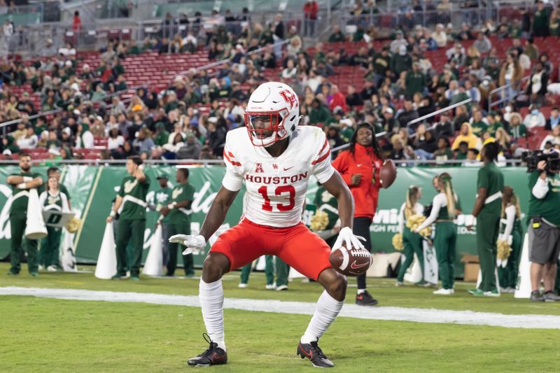 Nov 6, 2021; Tampa, Florida, USA; Houston Cougars wide receiver Jeremy Singleton (13) gestures after scoring a touchdown during the second half against the South Florida Bulls at Raymond James Stadium. Mandatory Credit: Matt Pendleton-USA TODAY Sports
