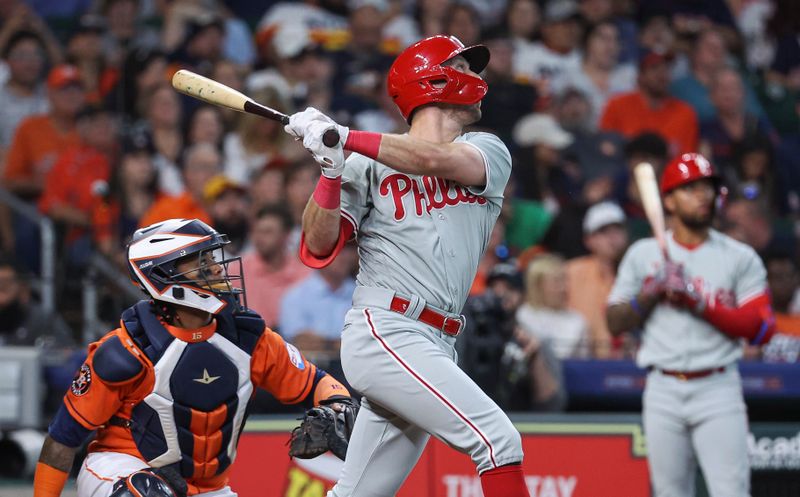 Apr 30, 2023; Houston, Texas, USA; Philadelphia Phillies designated hitter Kody Clemens (23) hits a home run during the fifth inning against the Houston Astros at Minute Maid Park. Mandatory Credit: Troy Taormina-USA TODAY Sports