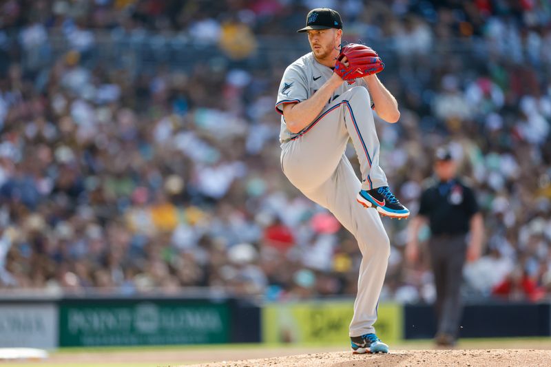 May 27, 2024; San Diego, California, USA; Miami Marlins starting pitcher Trevor Rogers (28) throws a pitch during the fourth inning against the San Diego Padres at Petco Park. Mandatory Credit: David Frerker-USA TODAY Sports