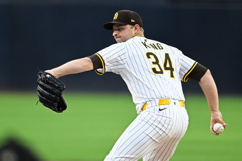 May 12, 2025; San Diego, California, USA; San Diego Padres starting pitcher Michael King (34) delivers during the first inning against the Los Angeles Angels at Petco Park. Mandatory Credit: Denis Poroy-Imagn Images