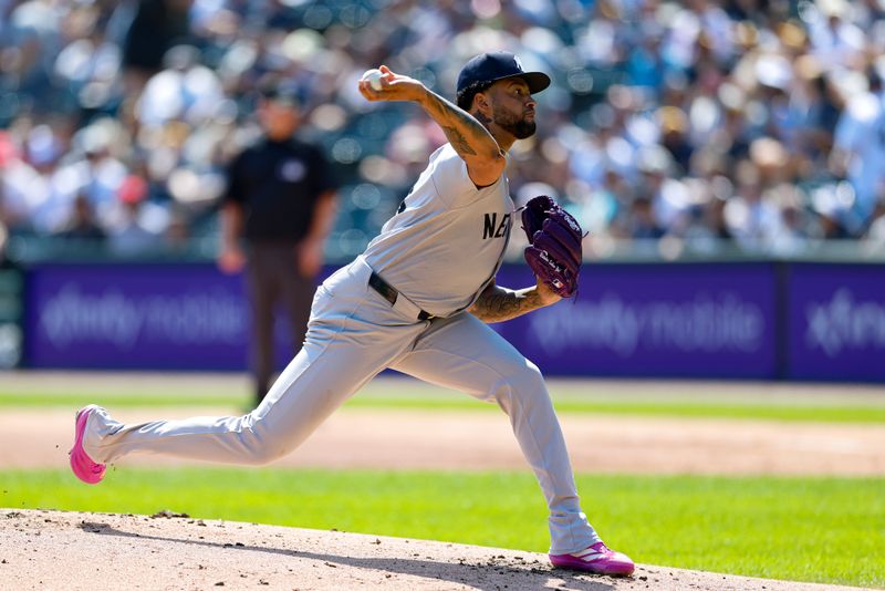 Aug 31, 2025; Chicago, Illinois, USA; New York Yankees starting pitcher Luis Gil (81) delivers a pitch against the Chicago White Sox during the first inning at Rate Field. Mandatory Credit: Kamil Krzaczynski-Imagn Images