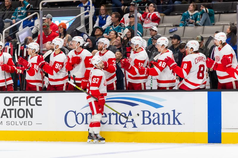 Nov 18, 2024; San Jose, California, USA; Detroit Red Wings right wing Alex DeBrincat (93) celebrates a goal during the third period against the San Jose Sharks at SAP Center at San Jose. Mandatory Credit: Bob Kupbens-Imagn Images