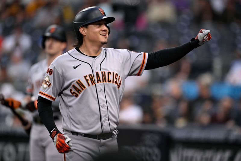 Sep 1, 2023; San Diego, California, USA; San Francisco Giants designated hitter Wilmer Flores (41) celebrates after hitting a home run against the San Diego Padres during the first inning at Petco Park. Mandatory Credit: Orlando Ramirez-USA TODAY Sports