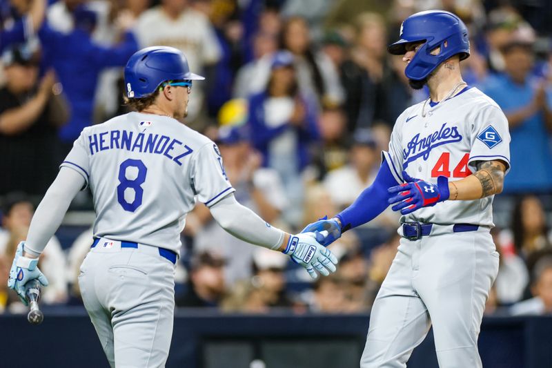 Jun 9, 2025; San Diego, California, USA; Los Angeles Dodgers left fielder Andy Pages (44) celebrates with Los Angeles Dodgers first baseman Enrique Hernandez (8) after scoring a run during the tenth inning against the San Diego Padres at Petco Park. Mandatory Credit: David Frerker-Imagn Images