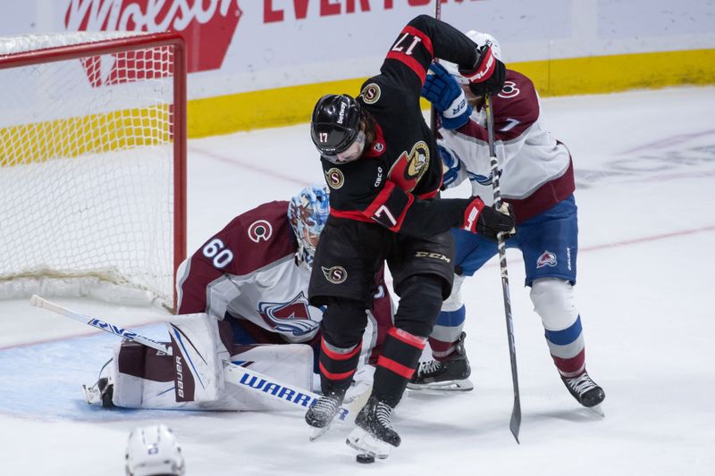 Jan 16, 2024; Ottawa, Ontario, CAN; Colorado Avalanche goalie Justus Annunen (60) makes a save in front of Ottawa Senators right wing Zack MacEwen (17) in the third period at the Canadian Tire Centre. Mandatory Credit: Marc DesRosiers-USA TODAY Sports