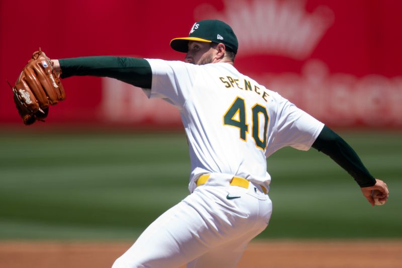 Jul 7, 2024; Oakland, California, USA; Oakland Athletics starting pitcher Mitch Spence (40) delivers a pitch against the Baltimore Orioles during the second inning at Oakland-Alameda County Coliseum. Mandatory Credit: D. Ross Cameron-USA TODAY Sports
