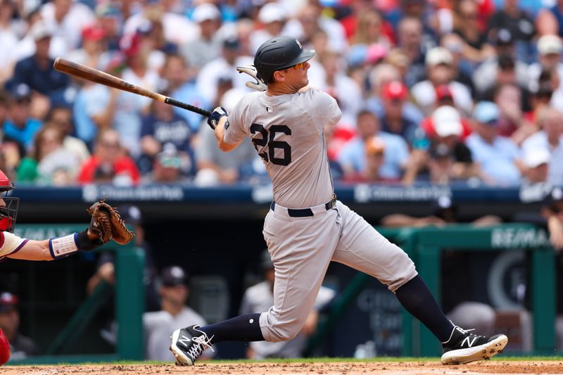 Jul 31, 2024; Philadelphia, Pennsylvania, USA;  New York Yankees third base DJ LeMahieu (26) hits a four RBI grand slam during the second inning against the Philadelphia Phillies at Citizens Bank Park. Mandatory Credit: Bill Streicher-USA TODAY Sports