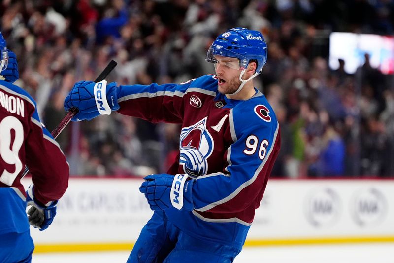 Jan 6, 2025; Denver, Colorado, USA; Colorado Avalanche right wing Mikko Rantanen (96) celebrates his empty net goal scored in the third period against the Florida Panthers at Ball Arena. Mandatory Credit: Ron Chenoy-Imagn Images
