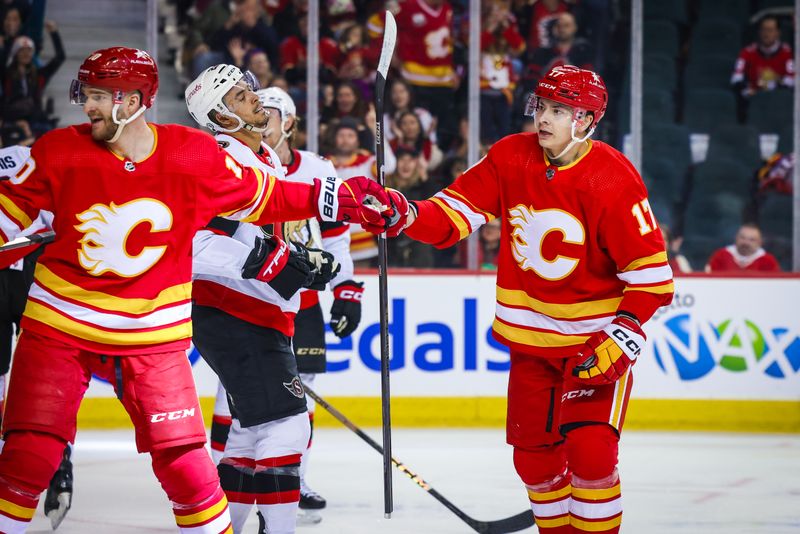 Jan 9, 2024; Calgary, Alberta, CAN; Calgary Flames center Yegor Sharangovich (17) celebrates his goal against the Ottawa Senators during the second period at Scotiabank Saddledome. Mandatory Credit: Sergei Belski-USA TODAY Sports