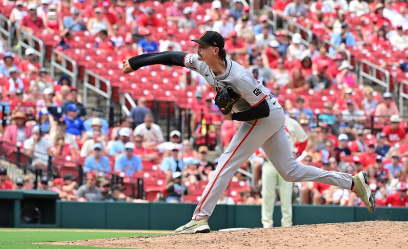 )Jun 22, 2024; St. Louis, Missouri, USA; San Francisco Giants relief pitcher Sean Hjelle (64) throws against the St. Louis Cardinals in the sixth inning at Busch Stadium. Mandatory Credit: Tim Vizer-USA TODAY Sports