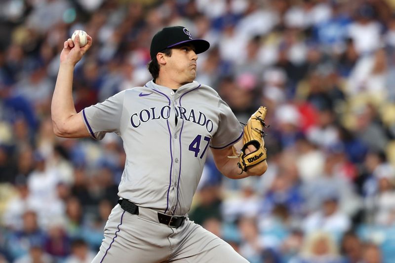 Jun 1, 2024; Los Angeles, California, USA;  Colorado Rockies starting pitcher Cal Quantrill (47) pitches during the second inning against the Los Angeles Dodgers at Dodger Stadium. Mandatory Credit: Kiyoshi Mio-USA TODAY Sports