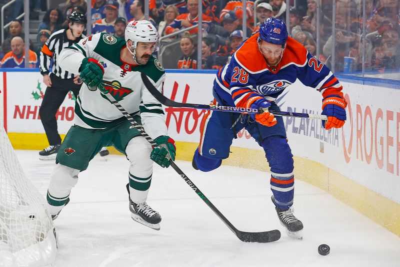 Dec 8, 2023; Edmonton, Alberta, CAN; Edmonton Oilers forward Connor Brown (28) and Minnesota Wild defensemen Jake Middleton (5) battle along the boards for a loose puck during the first period at Rogers Place. Mandatory Credit: Perry Nelson-USA TODAY Sports