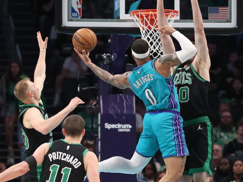 CHARLOTTE, NC - APRIL 1: Miles Bridges #0 of the Charlotte Hornets drives to the basket during the game against the Boston Celtics on April 1, 2024 at Spectrum Center in Charlotte, North Carolina. NOTE TO USER: User expressly acknowledges and agrees that, by downloading and or using this photograph, User is consenting to the terms and conditions of the Getty Images License Agreement.  Mandatory Copyright Notice:  Copyright 2024 NBAE (Photo by Brock Williams-Smith/NBAE via Getty Images)