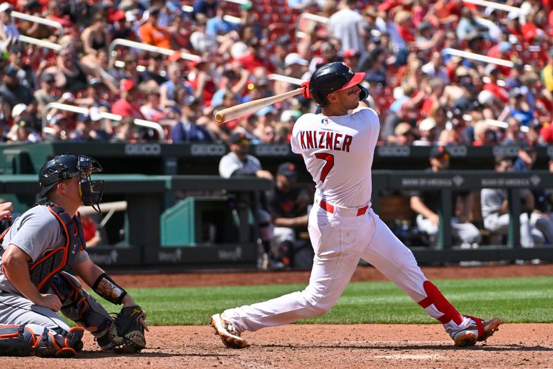 May 7, 2023; St. Louis, Missouri, USA;  St. Louis Cardinals catcher Andrew Knizner (7) hits a one run double against the Detroit Tigers during the sixth inning at Busch Stadium. Mandatory Credit: Jeff Curry-USA TODAY Sports