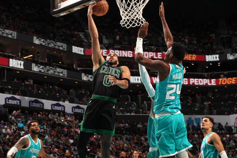 CHARLOTTE, NC - NOVEMBER 2: Jayson Tatum #0 of the Boston Celtics drives to the basket during the game against the Charlotte Hornets on November 2, 2024 at Spectrum Center in Charlotte, North Carolina. NOTE TO USER: User expressly acknowledges and agrees that, by downloading and or using this photograph, User is consenting to the terms and conditions of the Getty Images License Agreement. Mandatory Copyright Notice: Copyright 2024 NBAE (Photo by Kent Smith/NBAE via Getty Images)