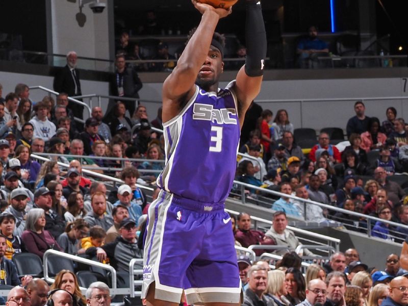 INDIANAPOLIS, IN - FEBUARY 3:  Terence Davis II #3 of the Sacramento Kings shoots the ball during the game on Febuary 3, 2023 at Gainbridge Fieldhouse in Indianapolis, Indiana. NOTE TO USER: User expressly acknowledges and agrees that, by downloading and or using this Photograph, user is consenting to the terms and conditions of the Getty Images License Agreement. Mandatory Copyright Notice: Copyright 2023 NBAE (Photo by Ron Hoskins/NBAE via Getty Images)