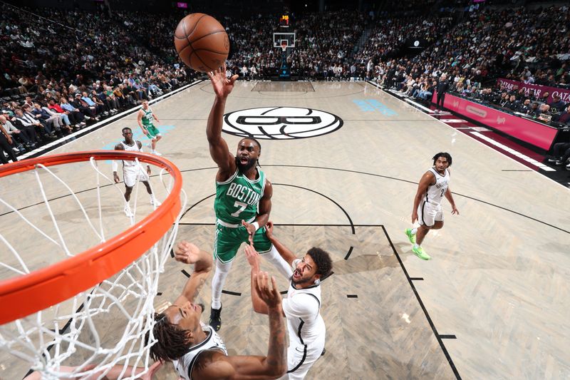 BROOKLYN, NY - NOVEMBER 13: Jaylen Brown #7 of the Boston Celtics shoots the ball during the game against the Brooklyn Nets  on November 13, 2024 at Barclays Center in Brooklyn, New York. NOTE TO USER: User expressly acknowledges and agrees that, by downloading and or using this Photograph, user is consenting to the terms and conditions of the Getty Images License Agreement. Mandatory Copyright Notice: Copyright 2024 NBAE (Photo by Jeff Haynes/NBAE via Getty Images)