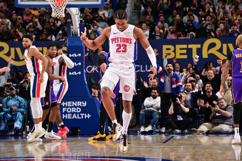 DETROIT, MI - NOVEMBER 4: Jaden Ivey #23 of the Detroit Pistons celebrates during the game against the Los Angeles Lakers on November 4, 2024 at Little Caesars Arena in Detroit, Michigan. NOTE TO USER: User expressly acknowledges and agrees that, by downloading and/or using this photograph, User is consenting to the terms and conditions of the Getty Images License Agreement. Mandatory Copyright Notice: Copyright 2024 NBAE (Photo by Chris Schwegler/NBAE via Getty Images)