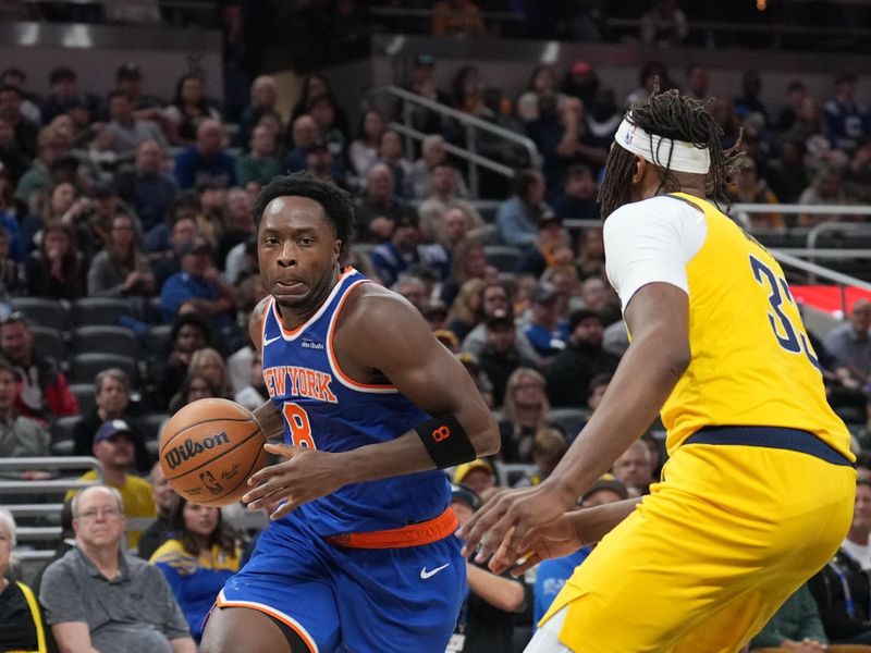 INDIANAPOLIS, IN - NOVEMBER 10: OG Anunoby #8 of the New York Knicks drives to the basket during the game against the Indiana Pacers on November 10, 2024 at Gainbridge Fieldhouse in Indianapolis, Indiana. NOTE TO USER: User expressly acknowledges and agrees that, by downloading and or using this Photograph, user is consenting to the terms and conditions of the Getty Images License Agreement. Mandatory Copyright Notice: Copyright 2024 NBAE (Photo by A.J. Mast/NBAE via Getty Images)