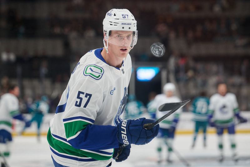 Nov 2, 2024; San Jose, California, USA; Vancouver Canucks defenseman Tyler Myers (57) warms up on the ice before the game between the Vancouver Canucks and the San Jose Sharks at SAP Center at San Jose. Mandatory Credit: Robert Edwards-Imagn Images