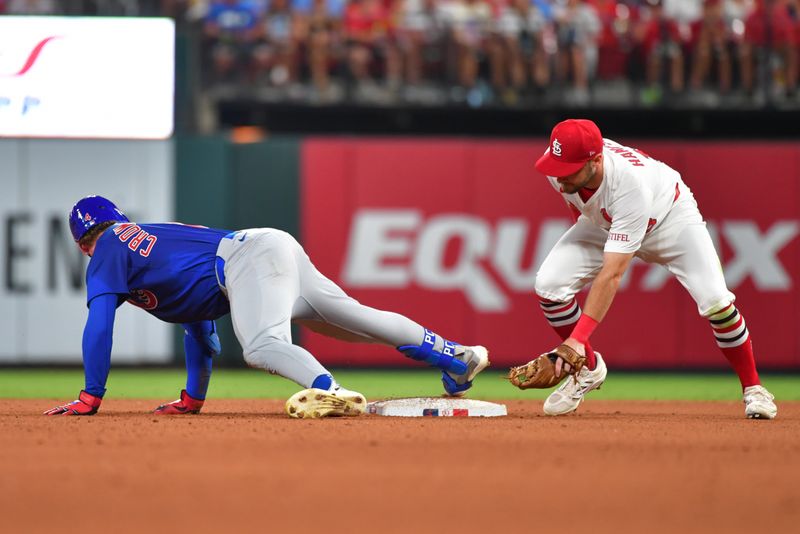 Jun 25, 2025; St. Louis, Missouri, USA; Chicago Cubs outfielder Pete Crow-Armstrong (4) is safe at second base as St. Louis Cardinals second baseman Garrett Hampson (13) was late putting the tag on him at Busch Stadium. Mandatory Credit: Tim Vizer-Imagn Images 