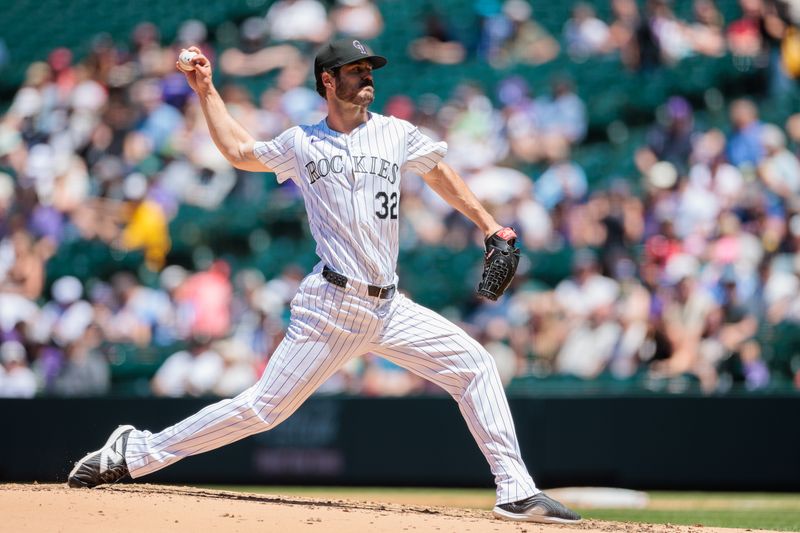 Jun 5, 2024; Denver, Colorado, USA; Colorado Rockies starting pitcher Dakota Hudson (32) delivers a pitch against the Cincinnati Reds during the third inning at Coors Field. Mandatory Credit: Andrew Wevers-USA TODAY Sports