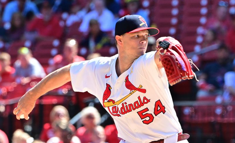 Sep 7, 2025; St. Louis, Missouri, USA; St. Louis Cardinals pitcher Sonny Gray (54) throws against the San Francisco Giants at Busch Stadium. Mandatory Credit: Tim Vizer-Imagn Images