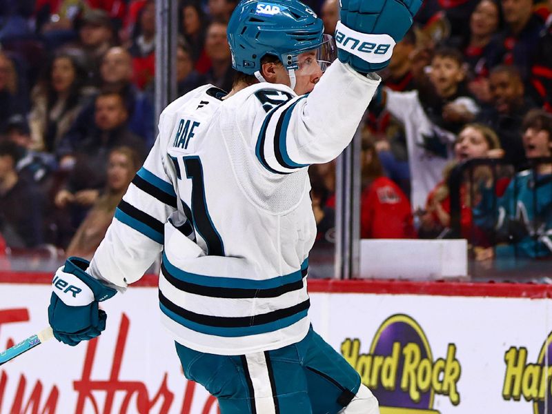 Mar 15, 2026; Ottawa, Ontario, CAN; San Jose Sharks right wing Collin Graf (51) celebrates after scoring during the second period at Canadian Tire Centre. Mandatory Credit: Keito Newman-Imagn Images