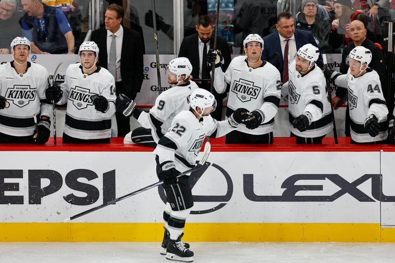 Oct 26, 2025; Chicago, Illinois, USA; Los Angeles Kings left wing Kevin Fiala (22) celebrates with teammates after scoring against the Chicago Blackhawks during the second period at United Center. Mandatory Credit: Kamil Krzaczynski-Imagn Images