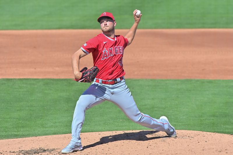 Mar 1, 2024; Peoria, Arizona, USA; Los Angeles Angels starting pitcher Reid Detmers (48) throws in the second inning against the San Diego Padres during a spring training game at Peoria Sports Complex. Mandatory Credit: Matt Kartozian-USA TODAY Sports