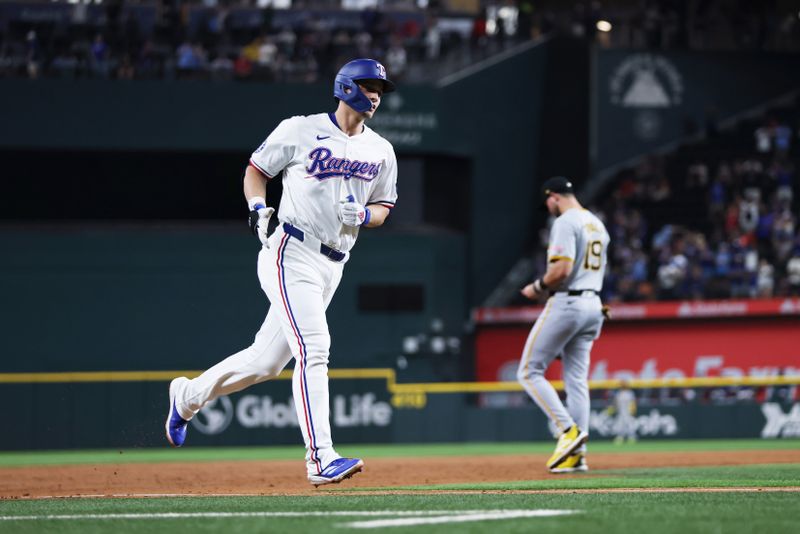 Aug 19, 2024; Arlington, Texas, USA; Texas Rangers shortstop Corey Seager (5) rounds the bases after hitting a three-run home run against the Pittsburgh Pirates in the third inning at Globe Life Field. Mandatory Credit: Tim Heitman-USA TODAY Sports