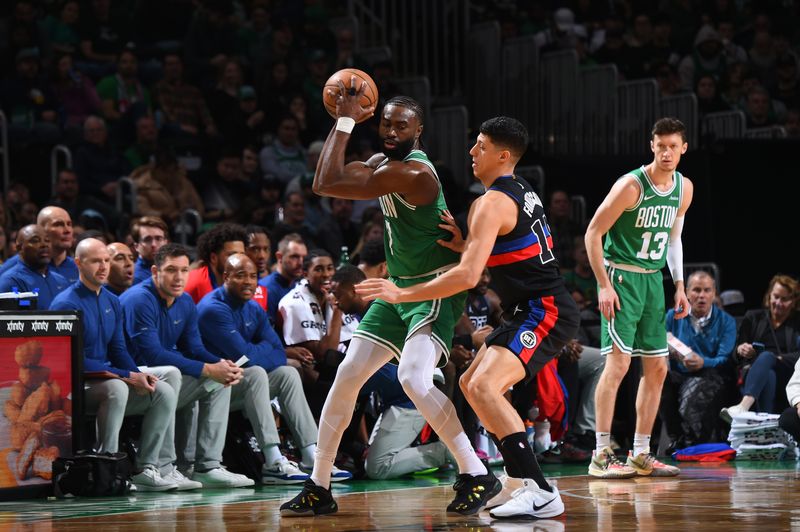 BOSTON, MA - DECEMBER 12: Jaylen Brown #7 of the Boston Celtics handles the ball during the game against the Detroit Pistons on December 12, 2024 at TD Garden in Boston, Massachusetts. NOTE TO USER: User expressly acknowledges and agrees that, by downloading and/or using this Photograph, user is consenting to the terms and conditions of the Getty Images License Agreement. Mandatory Copyright Notice: Copyright 2024 NBAE (Photo by Brian Babineau/NBAE via Getty Images)