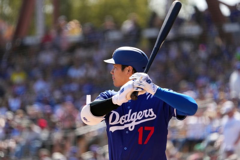 Mar 6, 2025; Phoenix, Arizona, USA; Los Angeles Dodgers two-way player Shohei Ohtani (17) bats against the Texas Rangers during the third inning at Camelback Ranch-Glendale. Mandatory Credit: Joe Camporeale-Imagn Images