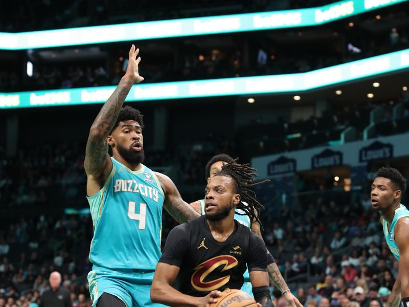 CHARLOTTE, NC - MARCH 27: Darius Garland #10 of the Cleveland Cavaliers drives to the basket during the game against the Charlotte Hornets on March 27, 2024 at Spectrum Center in Charlotte, North Carolina. NOTE TO USER: User expressly acknowledges and agrees that, by downloading and or using this photograph, User is consenting to the terms and conditions of the Getty Images License Agreement.  Mandatory Copyright Notice:  Copyright 2024 NBAE (Photo by Brock Williams-Smith/NBAE via Getty Images)